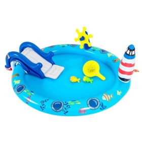 74 " Inflatable Marine Spray Pool with Shark Slide & Lighthouse Sprinkler, Kids Water Play Center for Backyard