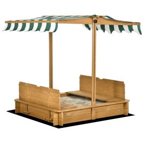 Outsunny Wooden Kids Sandbox with Cover, Children Outdoor Sand Box with Foldable Bench Seats, Adjustable Canopy, Bottom Liner for Outdoor, Brown (Color: as Pic)